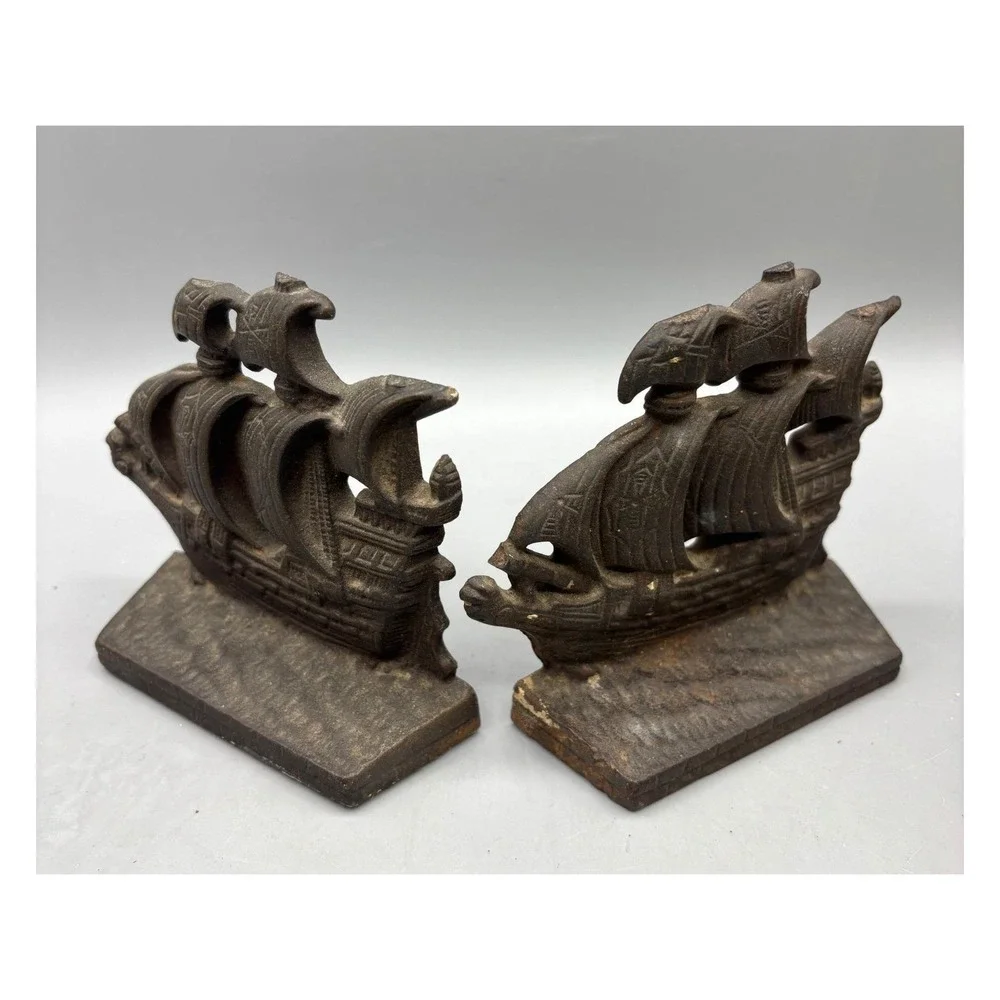 Vintage Cast Iron Sailing Ship Bookends Galleon Nautical Decor Set of‎ 2 Small